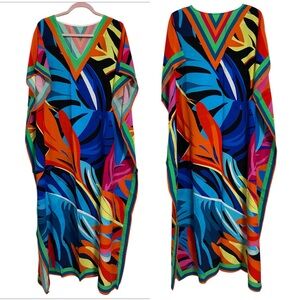 Women's Floral Kaftan Dress Swim Beach Cover Up Multicolor One Size Fits Most